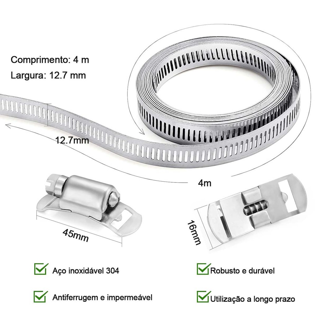 Abraçadeira Rosca Sem Fim Fita Perfurada rolo Faixas para tubos de aço inoxidável  4m C/ Clip Aperto