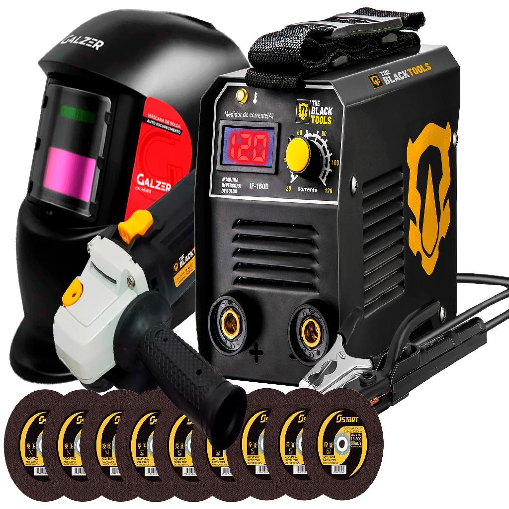 Maquina Inversora De Solda 120a Mma The Black Tools + Kit Esmerilhadeira em Oferta na Shopee
