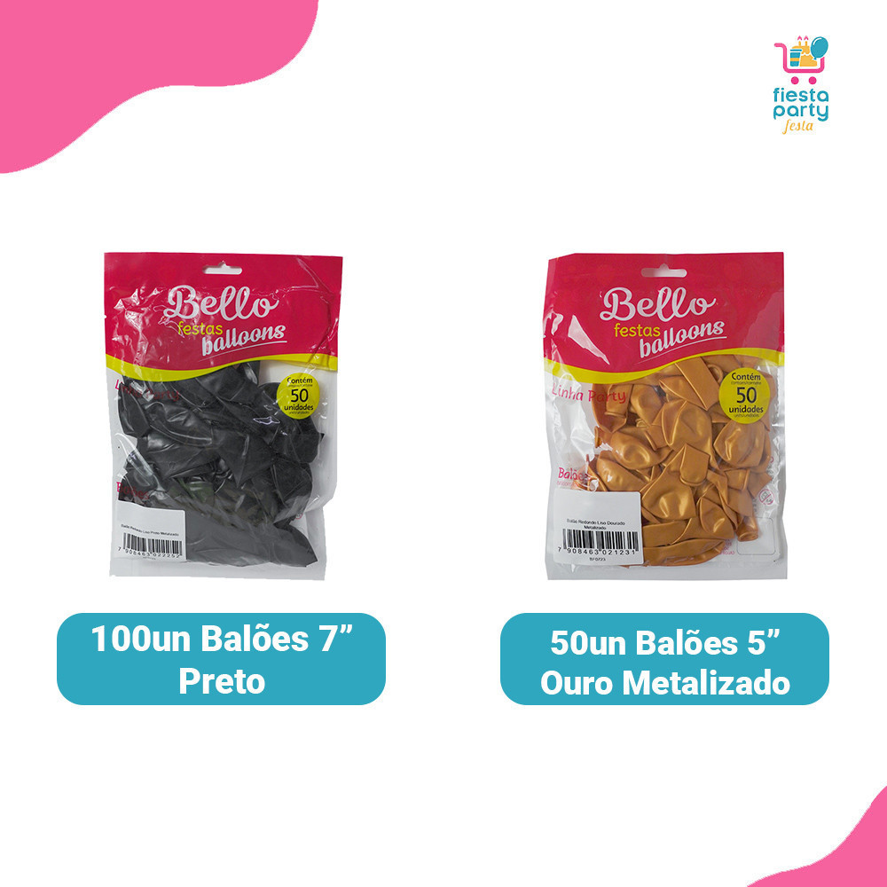 Kit Balões Arco Desconstruído 150 un Preto e Dourado Metalizado Balão Bexiga de Festa