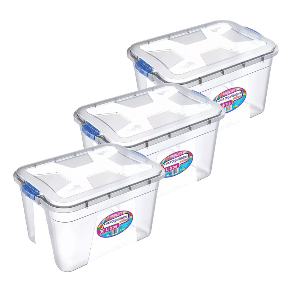 Kit 3 Caixas Organizadoras 30L Plásticas Transparentes com Tampa Empilháveis Multiuso e Resistentes