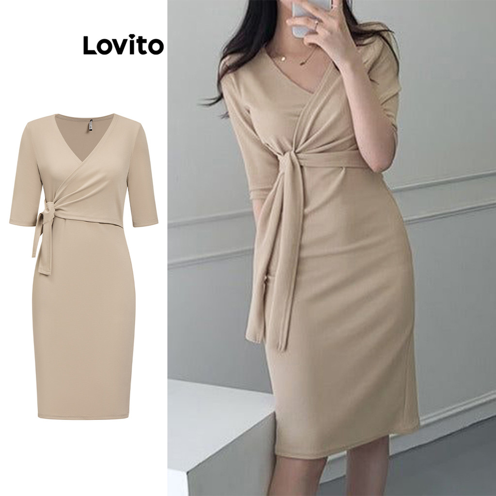 Lovito Vestido elegante simples e plissado para mulheres L89ED163 - Women Clothes