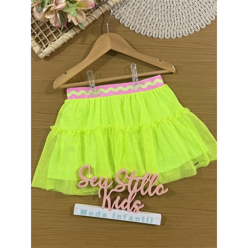 Saia Infantil Cinti Verão Tule Verde Neon com Glitter