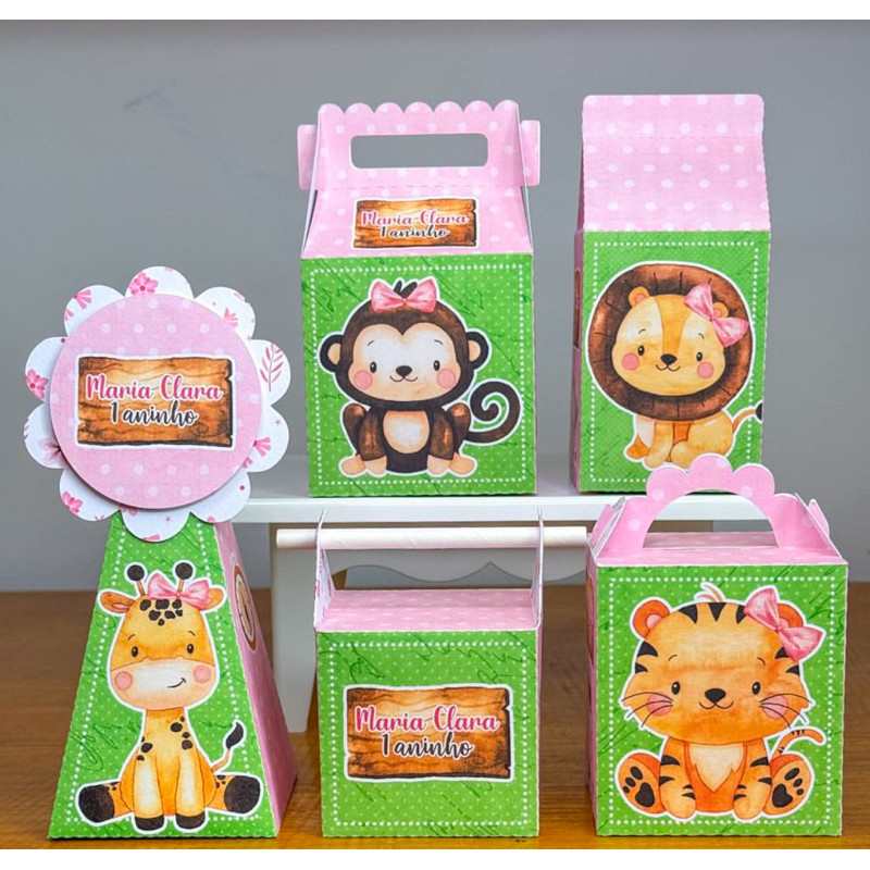 PEGUE E MONTE -  Kit Festa Personalizados SAFARI MENINA Lembrancinhas Caixinhas para festa
