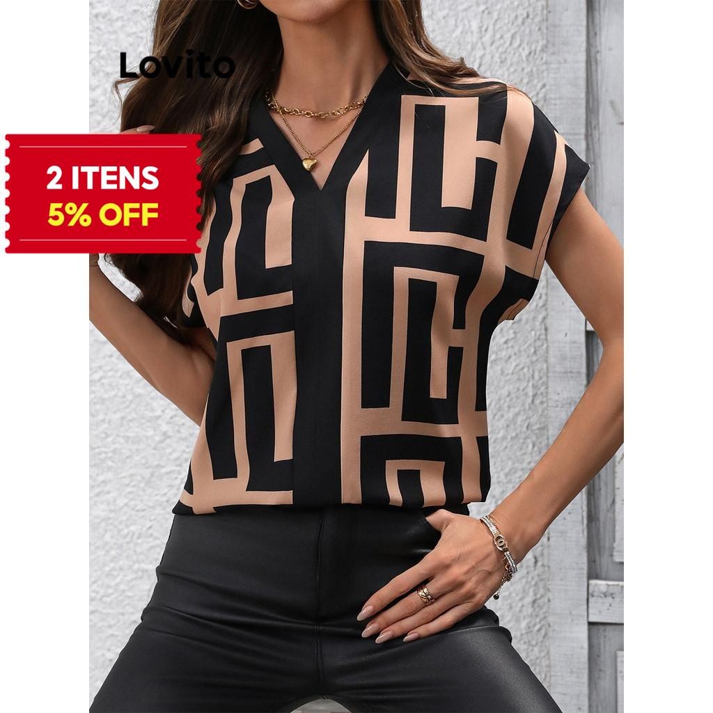 (Trendy) Lovito Blusa casual com costura em tecido geométrico para mulheres LBL16615 - Women Clothes