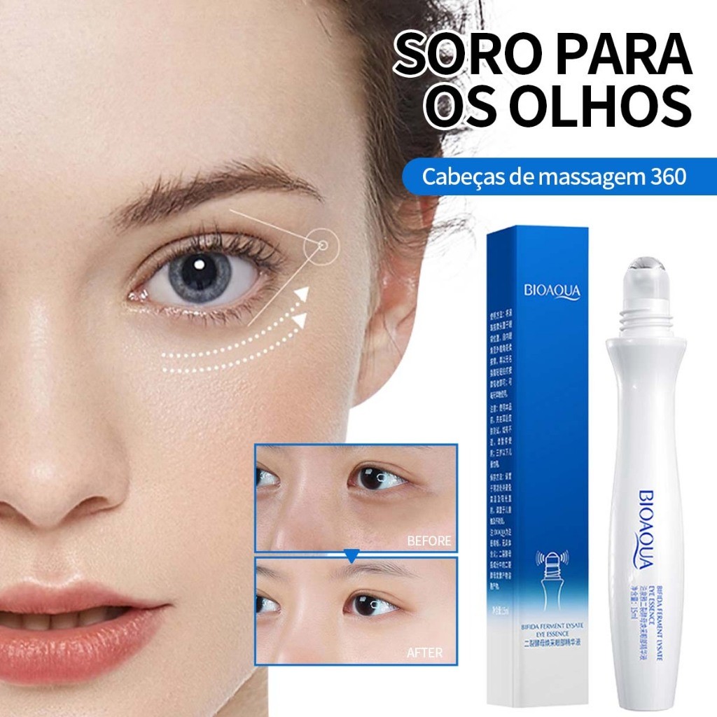 Bioaoua Dupla Rachada Levedura Rugas Reduz, Massageador Rolante, Agente Clareador Antifadiga e Olheiras 10ml