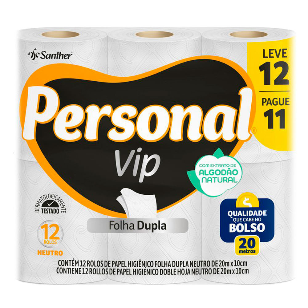 Papel Higiênico Personal Vip Folha Dupla com 12 Rolos de 20 Metros cada