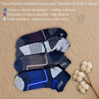 Kit 3/6/12 Pares de Meias Esportivas Infantis Cano Curto | Tamanho 35 ao 40 | Unissex em Oferta na Shopee