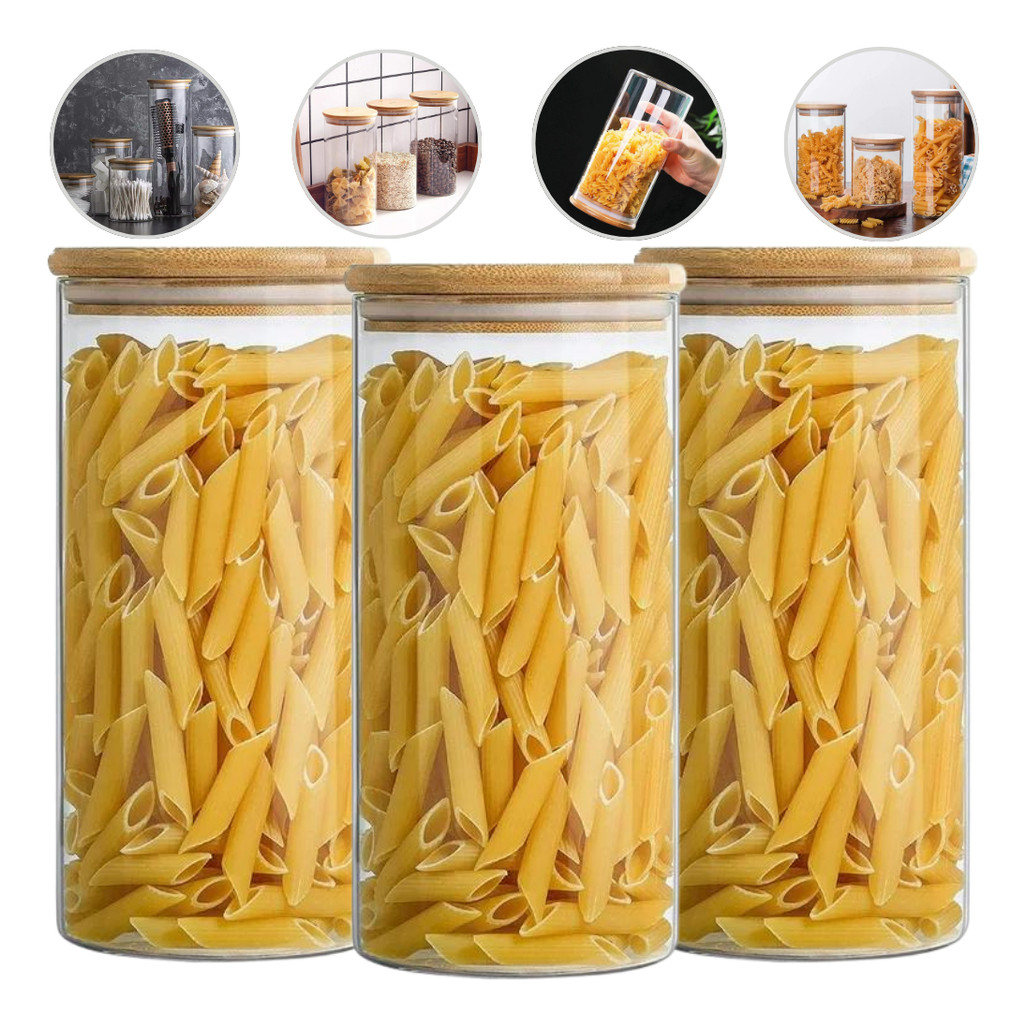 Kit 3 Potes De Vidro Hermético Tampa Bambu Alimentos Cereais Feijão Mantimentos