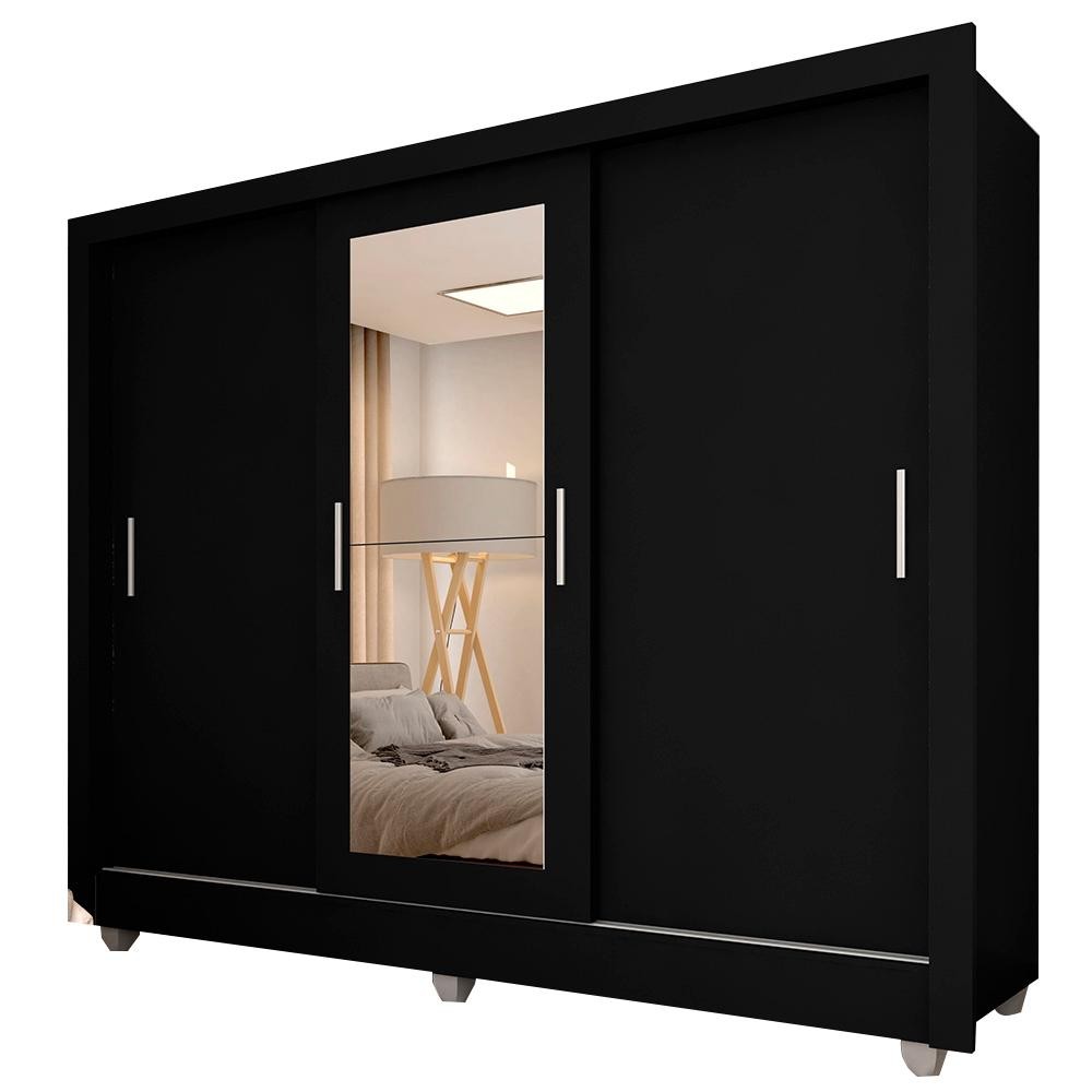 Guarda Roupa Casal Vivian 3 Pts Espelho Menor Preto Fosco - M.a - Home & Living