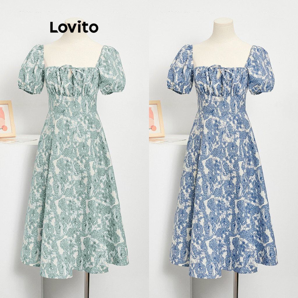 Lovito Vestido De Festa Ditsy Floral Plissado Com Renda Manga Bufante Verão/Primavera Para Mulheres L77ED275 em Oferta na Shopee