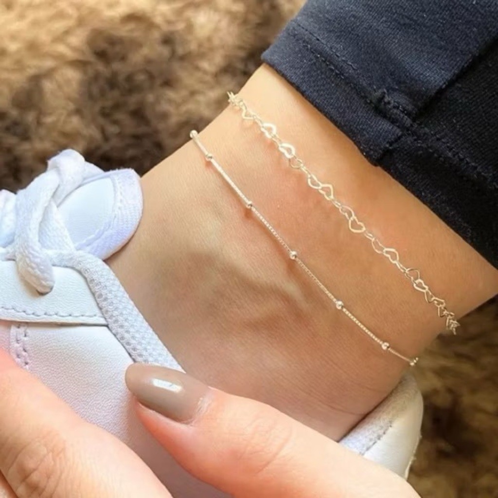 Kit 2 tornozeleira coração elos + tornozeleira veneziana bolinha a prata 925 antialérgico em Oferta na Shopee