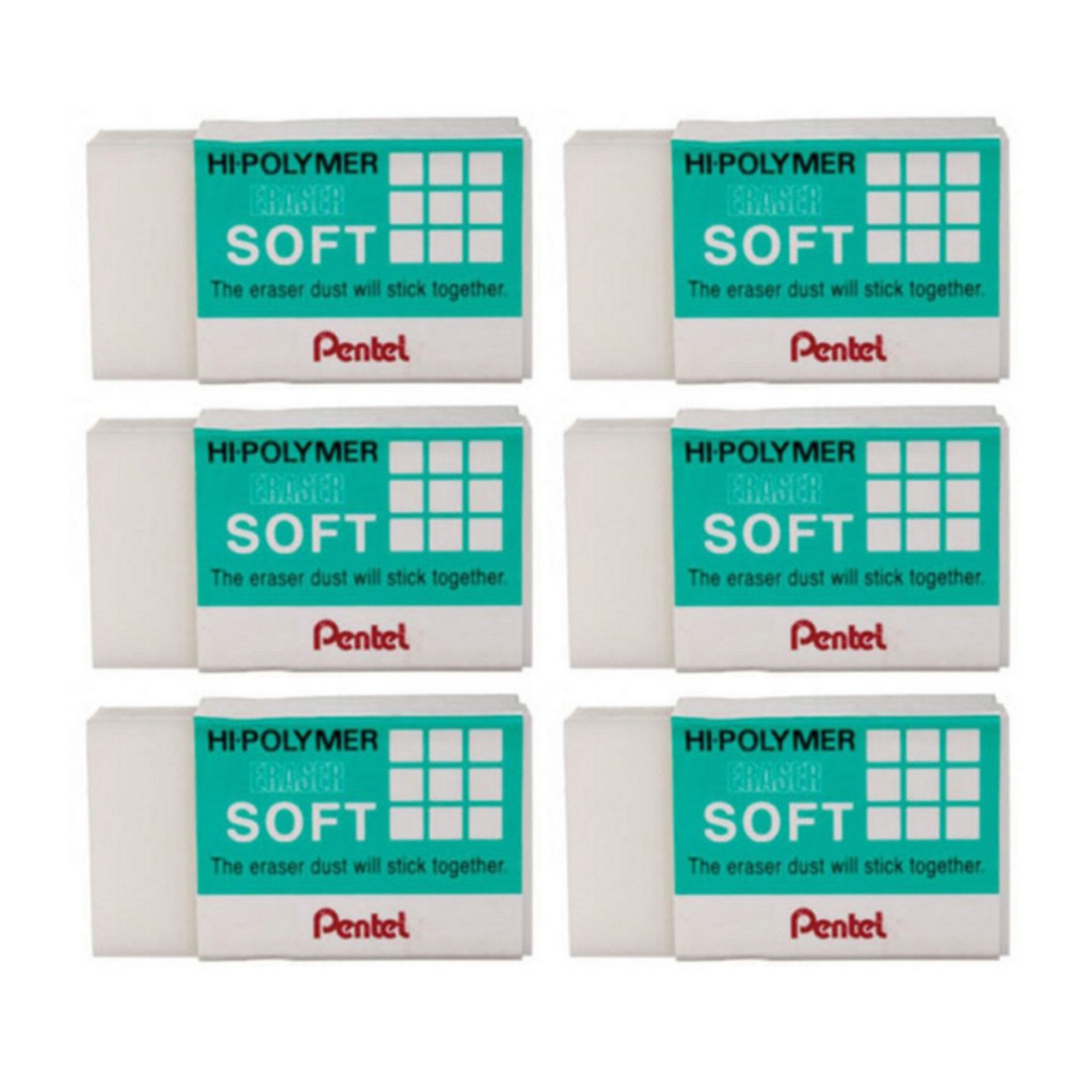 Borracha Pentel Hi-Polymer Eraser Soft ZES-08E - Kit com 6