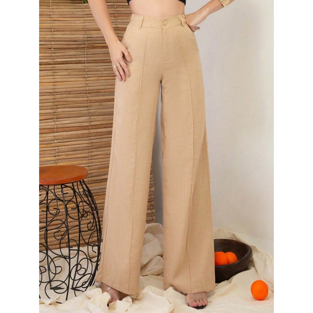 A-Lows A&L Calça Pantalona Social De Linho  Cintura Alta Com Anel Risco Em Frente Com Faixa