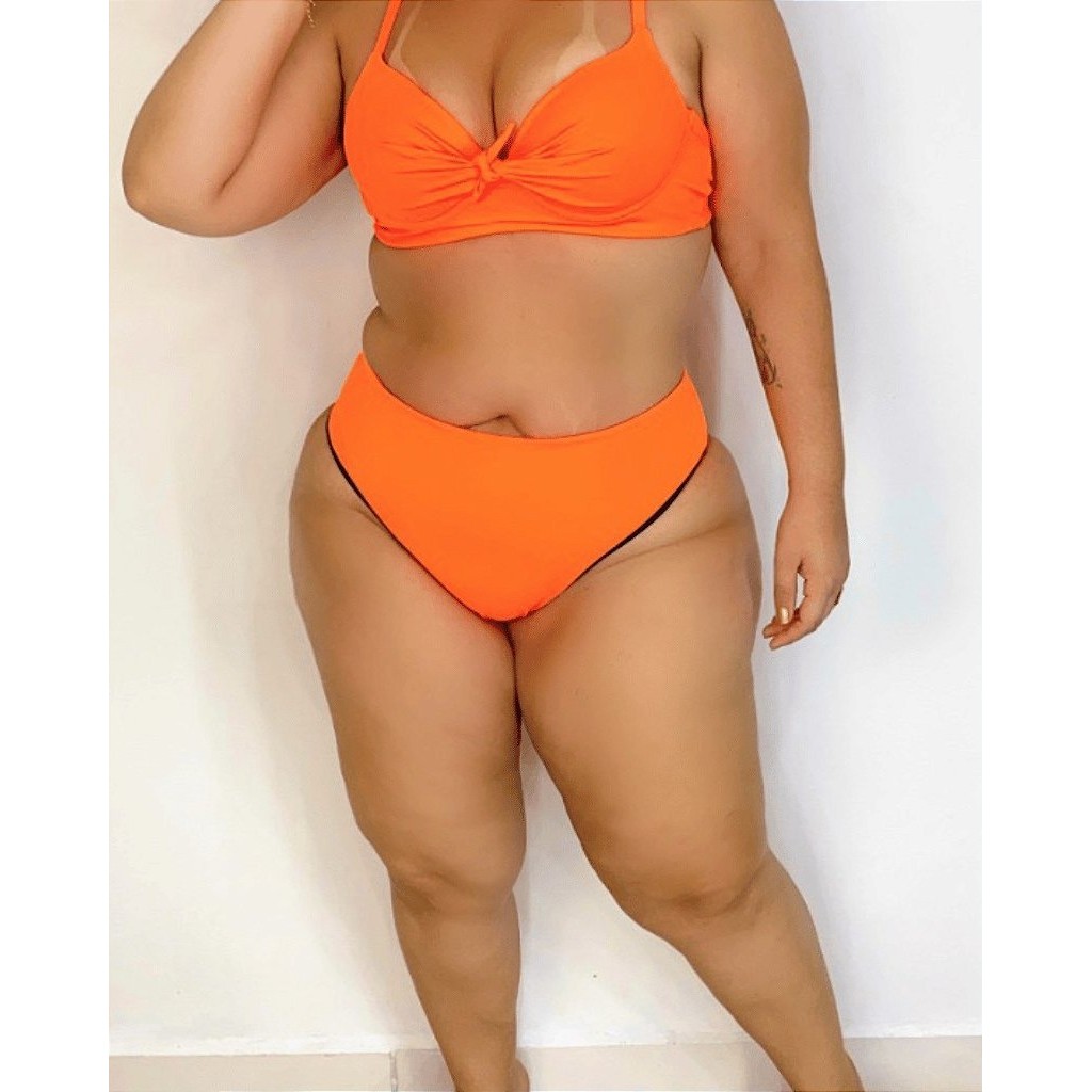 Calcinha Biquini Tanga Laranja Neon Dupla Face Bia com Proteção UV50+ Plus Size Midi Size