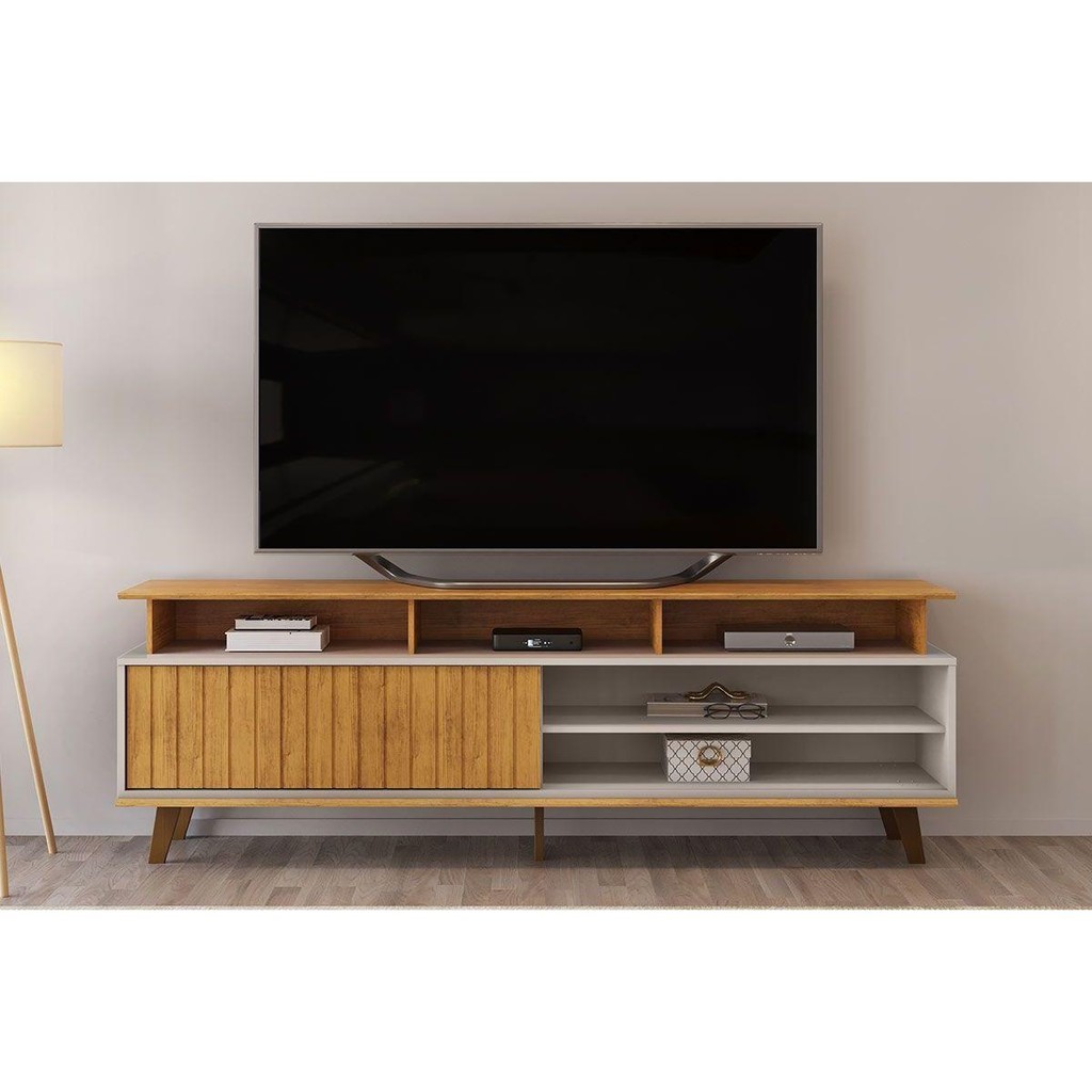 Rack Bancada p/ TV até 70 Pol Flow Ripado c/ 1 Porta 180x60cm Cedro/Bali - DJ Móveis em Oferta na Shopee