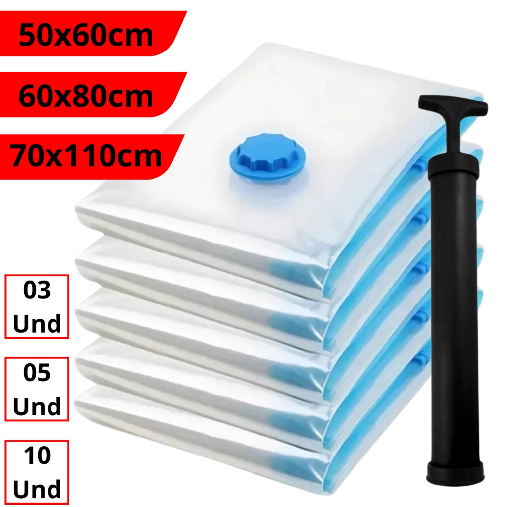 Kit 10 Saco a Vácuo + Bomba Manual Organização de Roupas