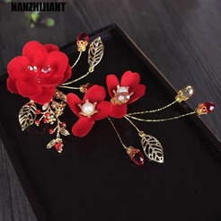 NANZHIJIANT Chinês Hanfu Grampos De Cabelo Para Meninas Elegante Flor Vermelha Pérola Cristal Noiva Enfeites Festival