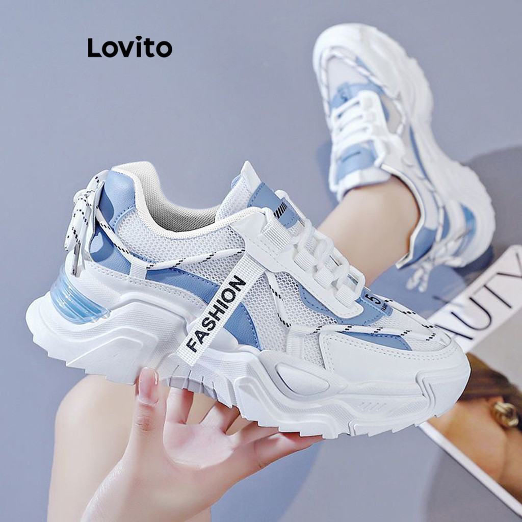 Lovito Tênis esportivos de malha com sola grossa para mulheres LFA60477 - Women Shoes