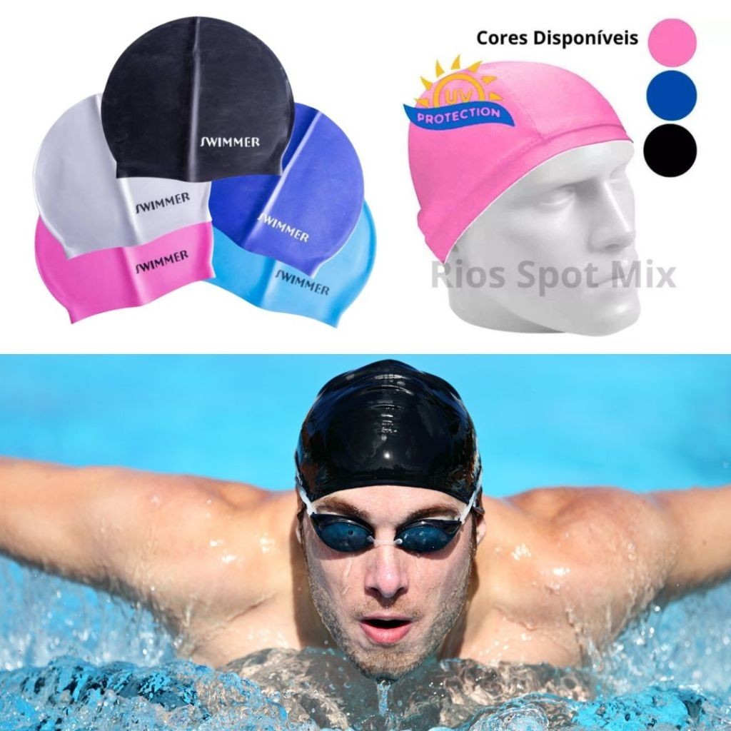 Touca Natação Piscina Mergulho Silicone e Lycra UV Cobre Orelhas Adulto Unissex
