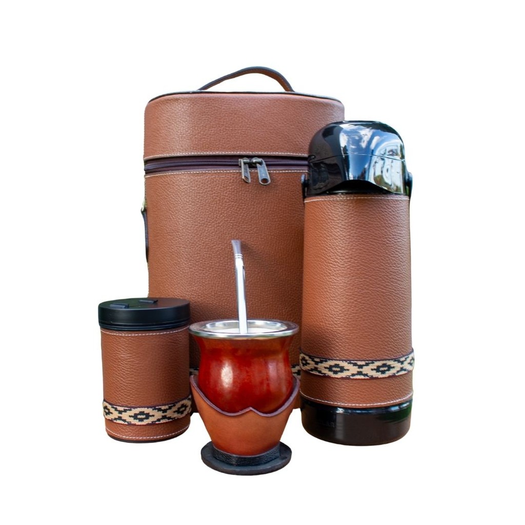 Kit chimarrão Uruguaio Pressão Couro Legítimo, Mateira, garrafa térmica, cuia coquinho, bomba inox e porta erva