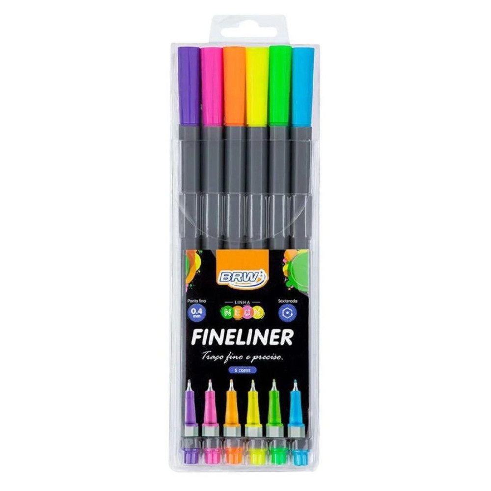 Estojo Caneta Fineliner Neon 0.4mm com 6 Cores – BRW | 1 Estojo