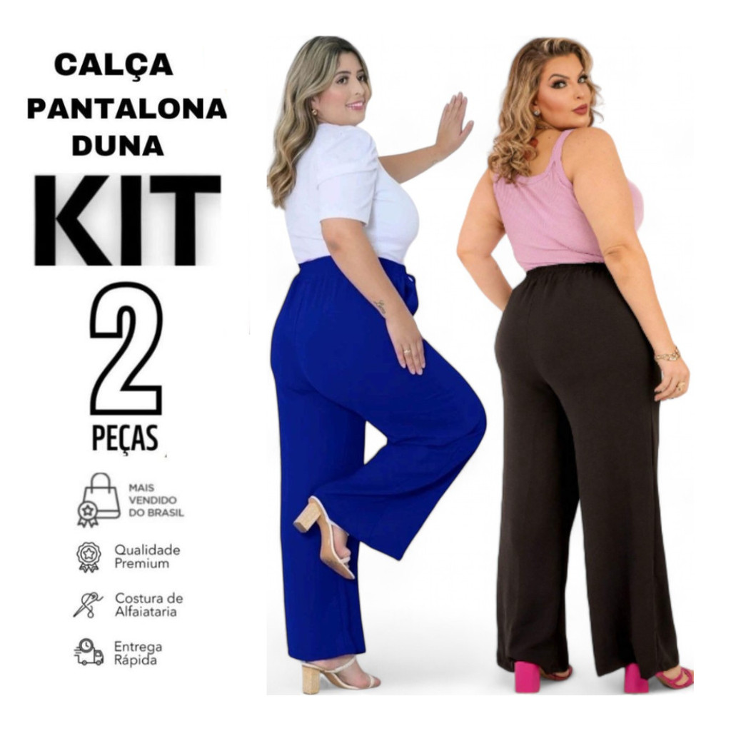 Kit 2 Calça Pantalona Duna Plus Size Com Bolso Tecido Reforçado em Oferta na Shopee