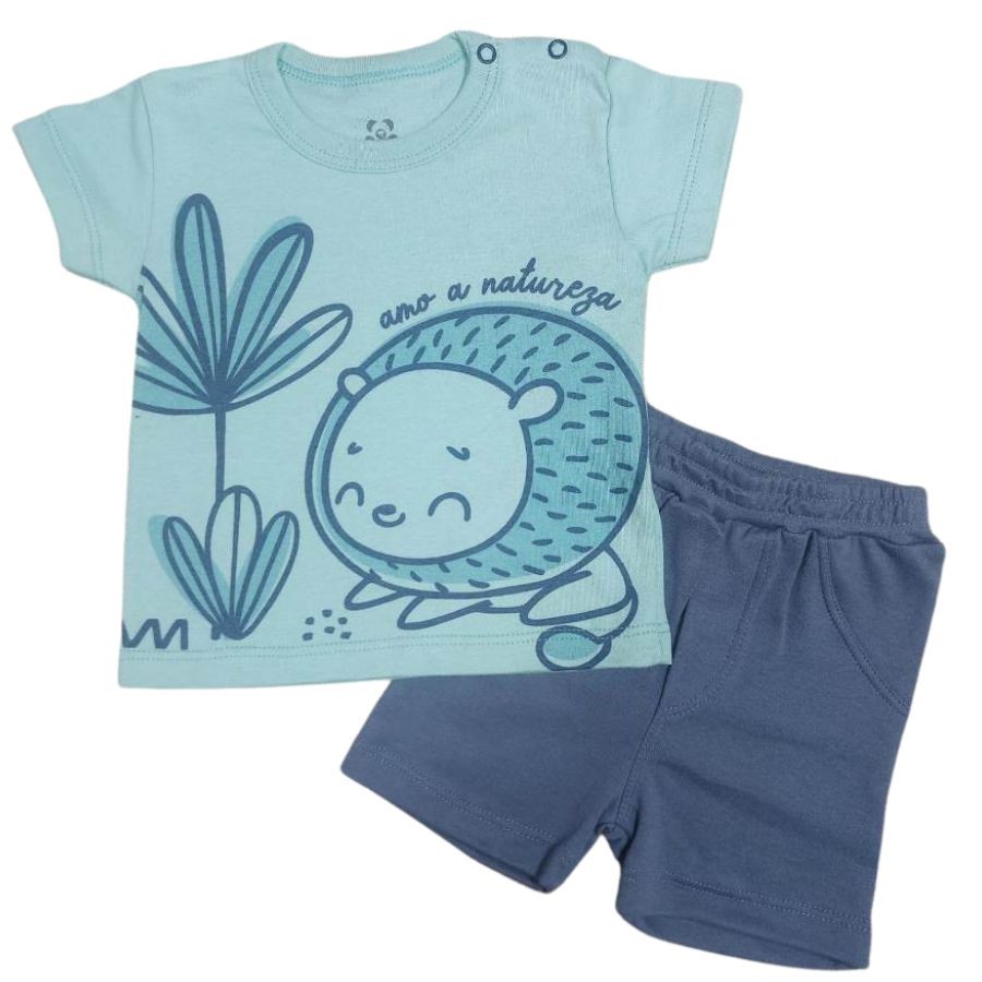 Conjunto curto bebê camiseta verde estampada porco espinho e shorts azul liso com bolso