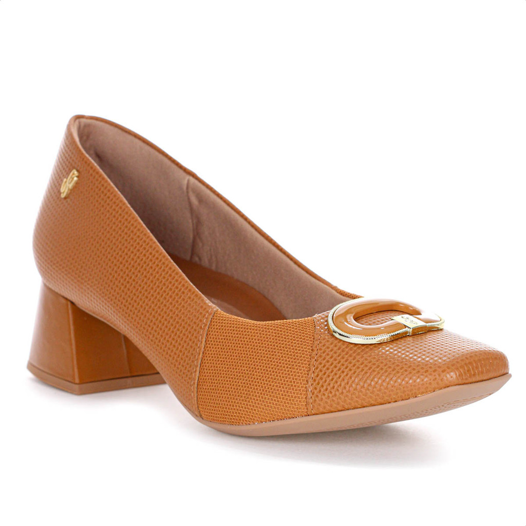 Scarpin Usaflex Salto Bloco Couro Tressê Monograma Marrom Caramelo - Feminino em Oferta na Shopee