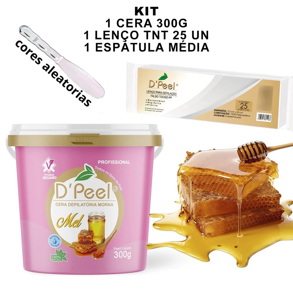 Kit Depilatório Cera Hidrossolúvel Mel 300g + Lenço TNT 25un + Espátula em Oferta na Shopee