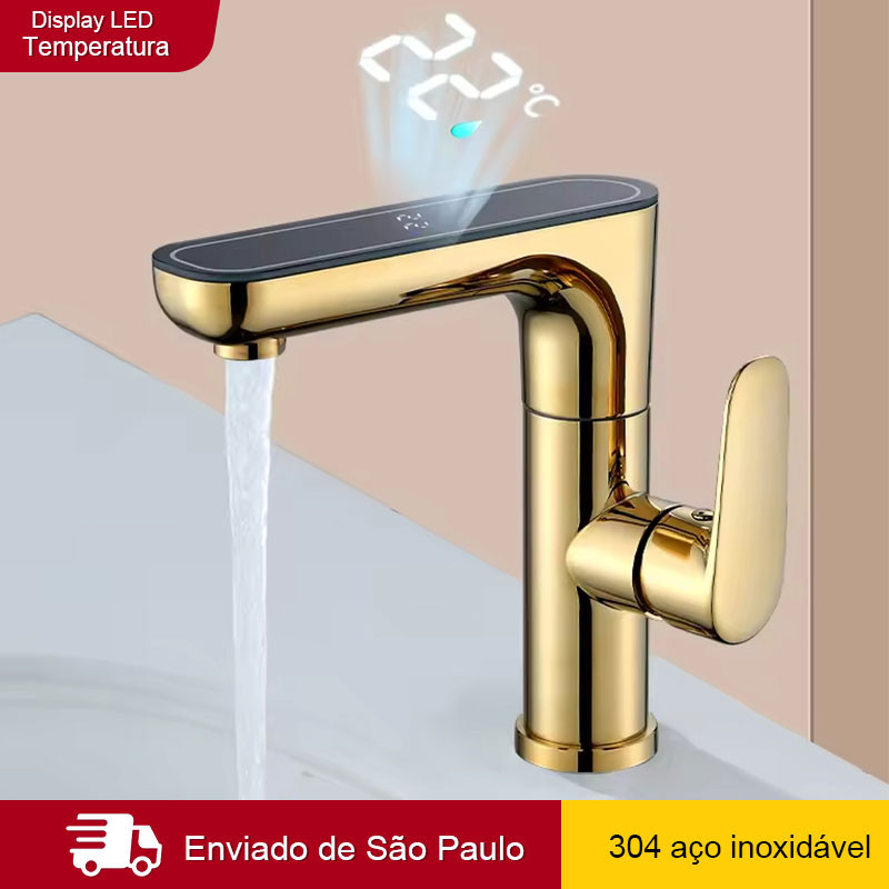 Torneira Para Cozinha Banheiro Com Visor de Temperatura Regulagem  De Água  quente e frio e Giratória 360°  Cor ouro