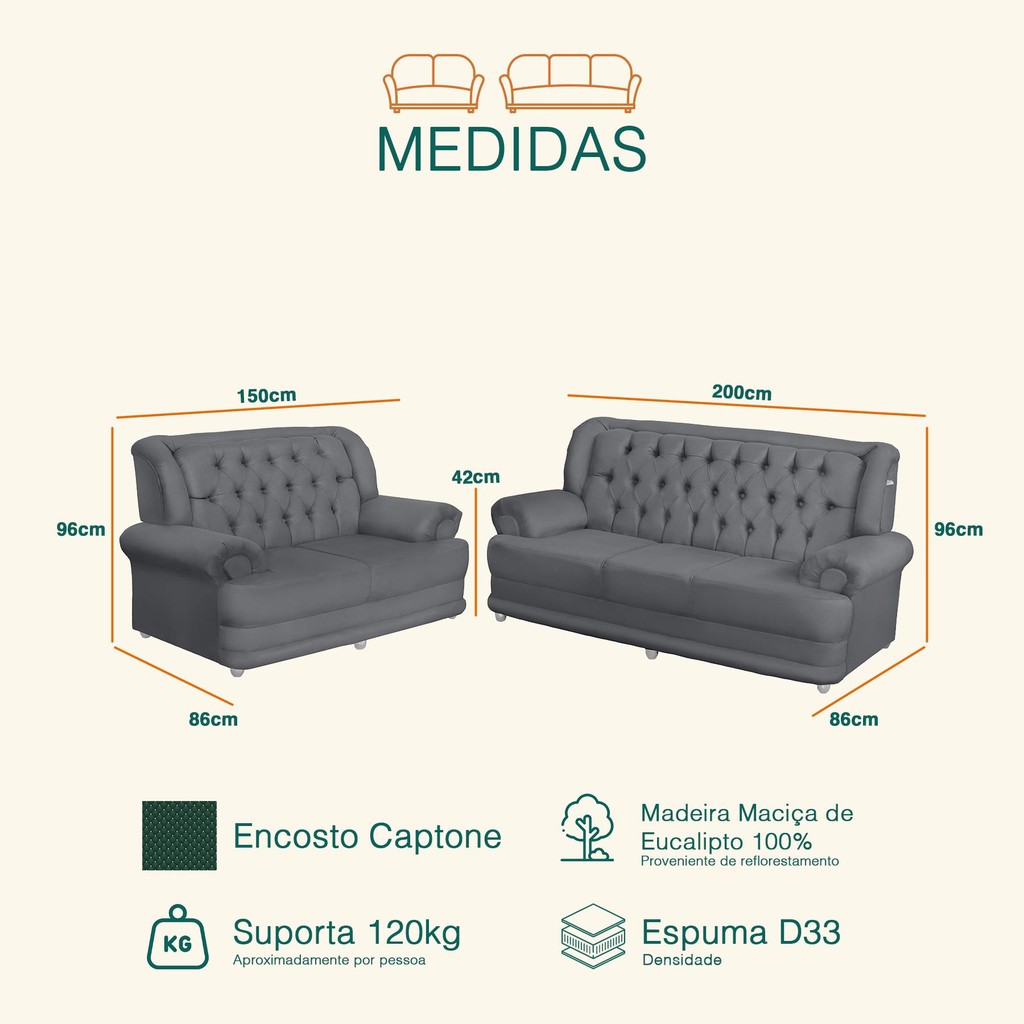 Conjunto de Sofá 2,00 x 1,50m 3 E 2 Lugares Suede Finlândia Cinza · foto 2
