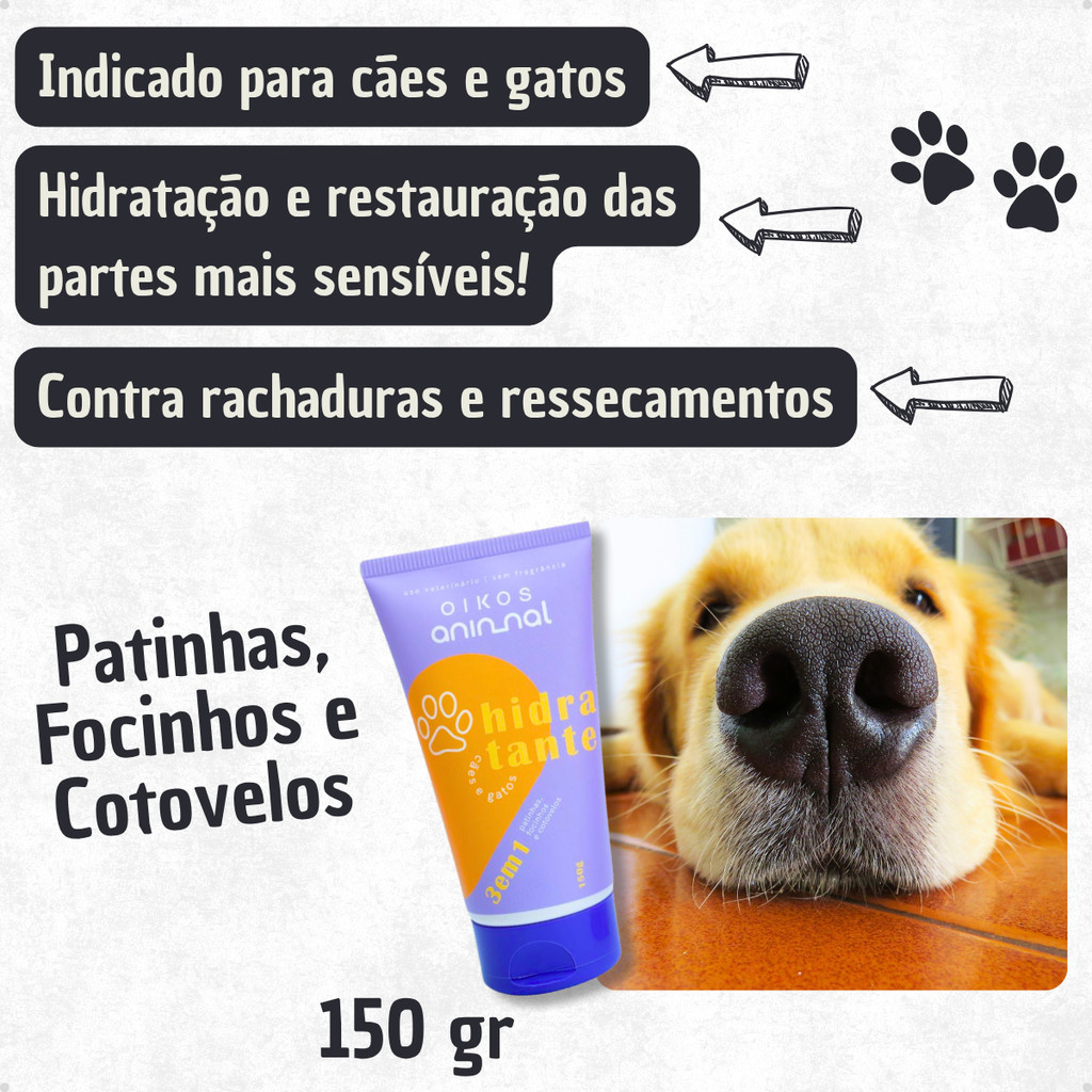 Detalhes do Creme Hidratante Pet 3 em 1 Patas Patinhas Focinhos e Cotovelos Cachorro e Gato Oikos Animal - 150 g