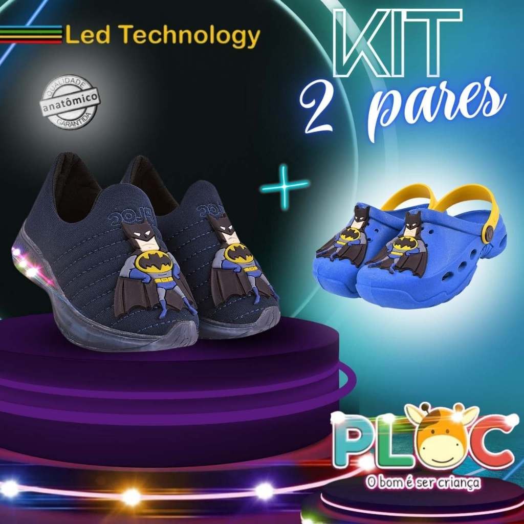 KIT 2 PARES PLOC - 1 TÊNIS LED + 1 BABUCHE BATMAN BABY (LED43 MARINHO + Bab43 Batman Baby - Azul)