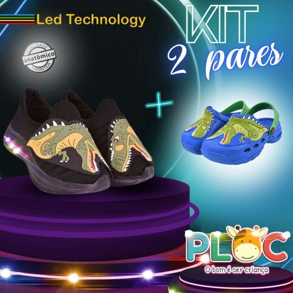 KIT 2 PARES PLOC - 1 TÊNIS LED + 1 BABUCHE DINOSSAURO REX  (LED39 PRETO + Bab39 DINO REX ROYAL)
