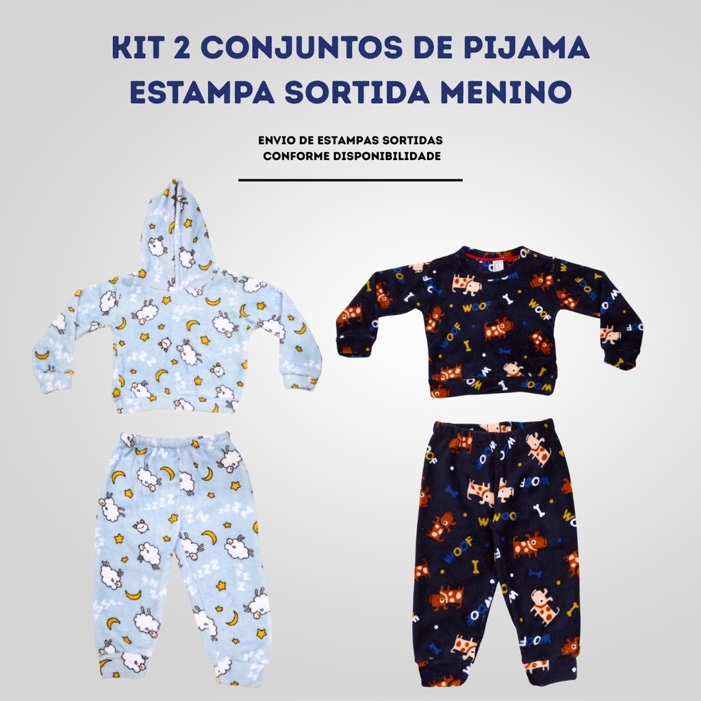 Kit 2 Conjuntos Pijamas Menino Blusa Manga Calça 1 C/ Capuz