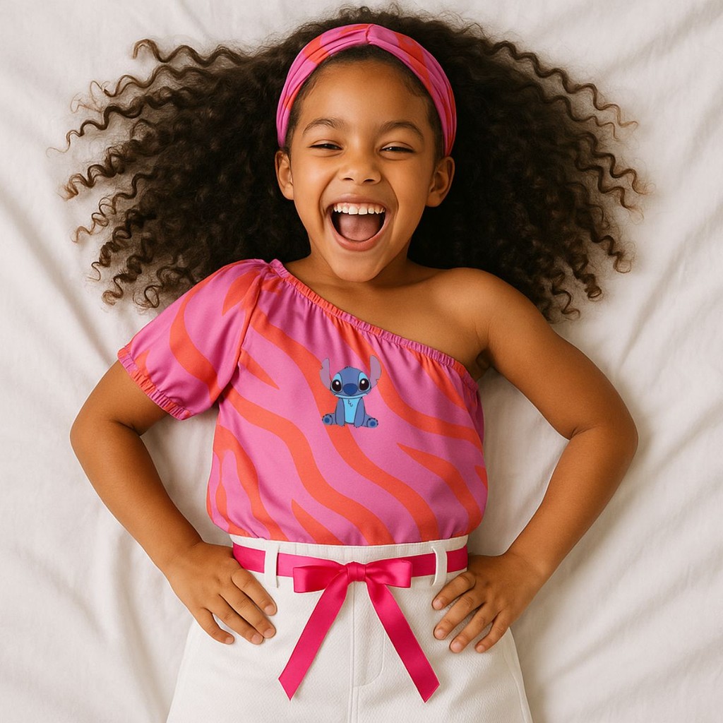 Kit Blusa  Infantil de um Ombro só Retrô Com estampa do Stitch Sentado Faixa e Shorts Branco