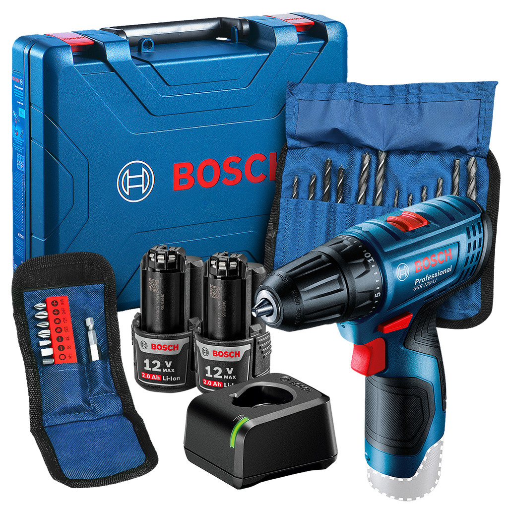 Parafusadeira GSR 120-LI Bosch Furadeira 12V com Brocas e Bits 2 Baterias Carregador e Maleta - Home & Living