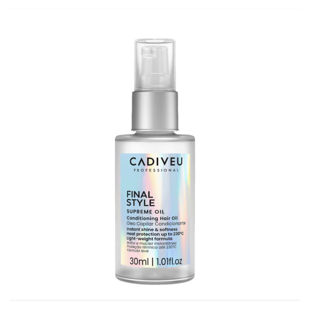 Frasco de vidro transparente do óleo capilar Cadiveu Professional Final Style Supreme Oil de 30ml com válvula pump prateada