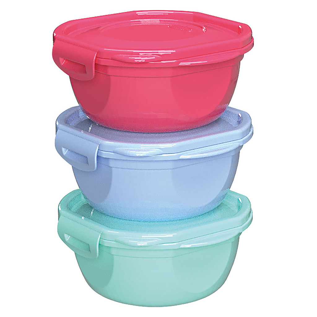 KIT COM 3 POTES REDONDOS COM TRAVAS 450 ML E TAMPAS COLORIDAS