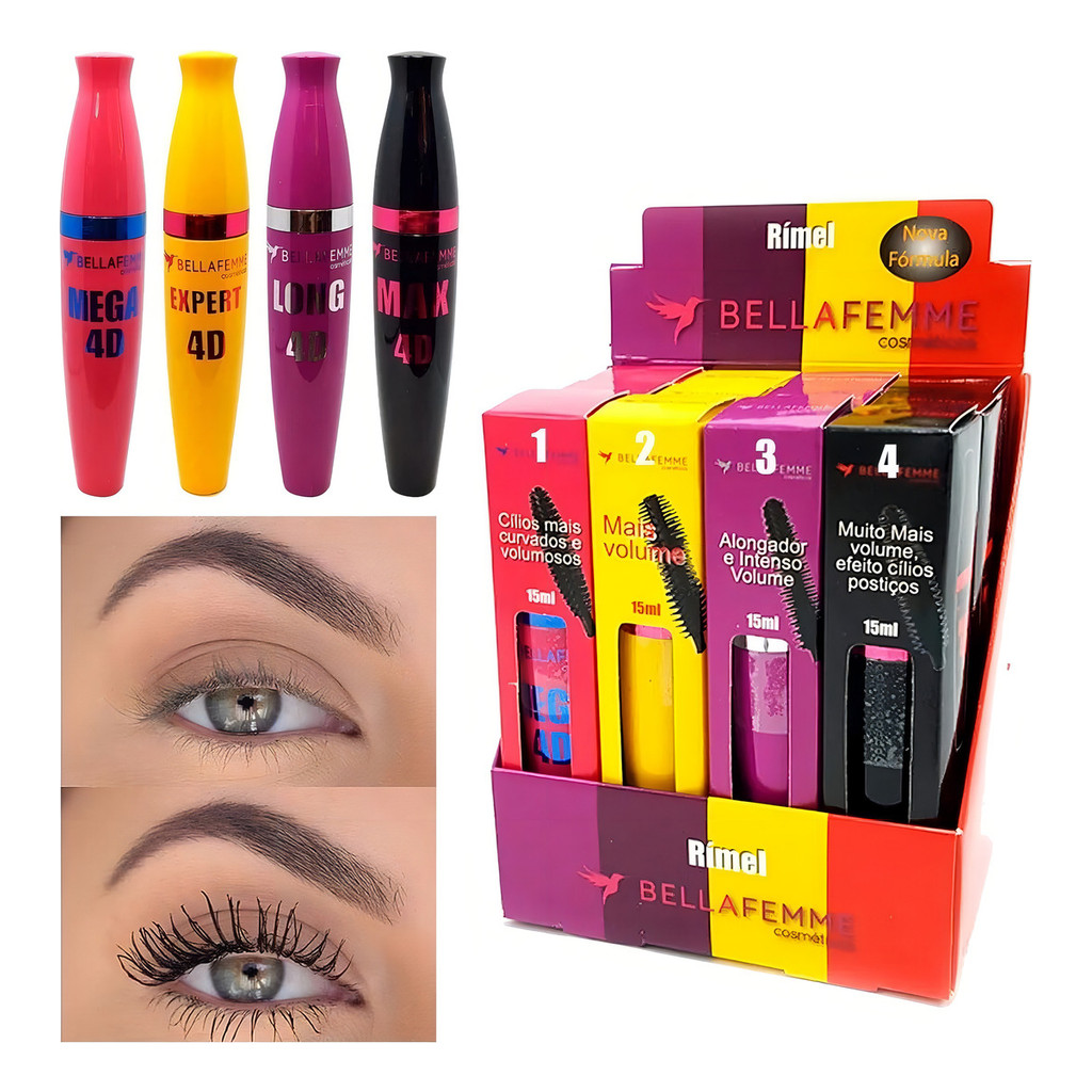 12 Máscara De Cilios 4D Bella Femme BF 1009A 4 Escovinha Diferentes
