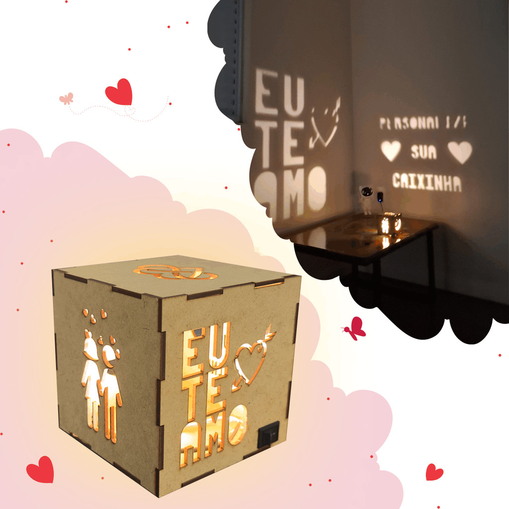 Caixa Luminária MDF Personalizada Cubo Box Presente Criativo Namorados