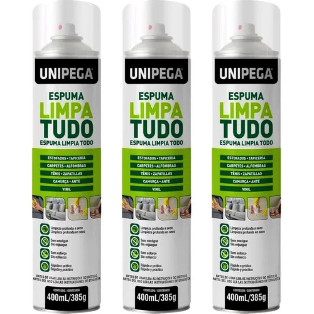 KIT 3 ESPUMA LIMPA TUDO 400ML COURO SOFÁ TÊNIS TAPETE UNIPEGA - Home & Living