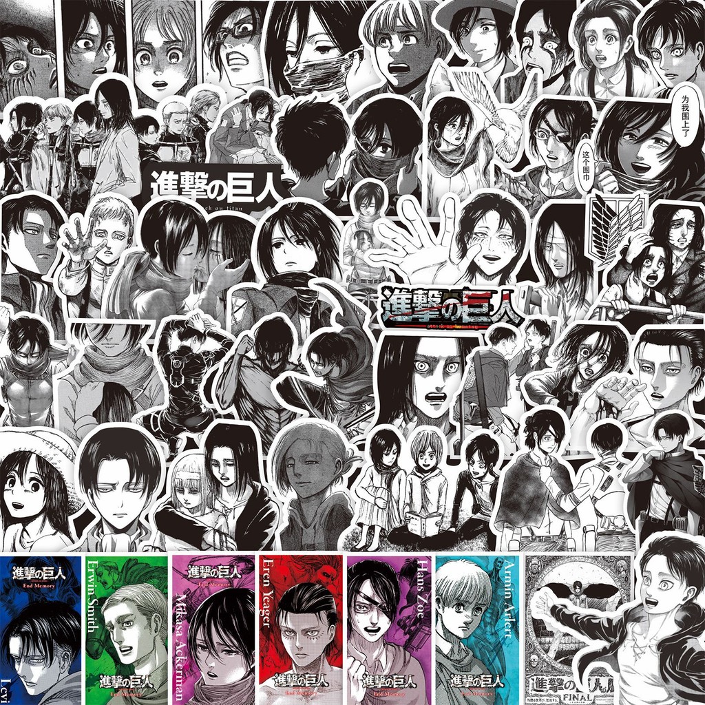 Pacote De Adesivos Attack on Titan De 75 Unidades-Decalques Levi , Eren E Mikasa Preto Branco