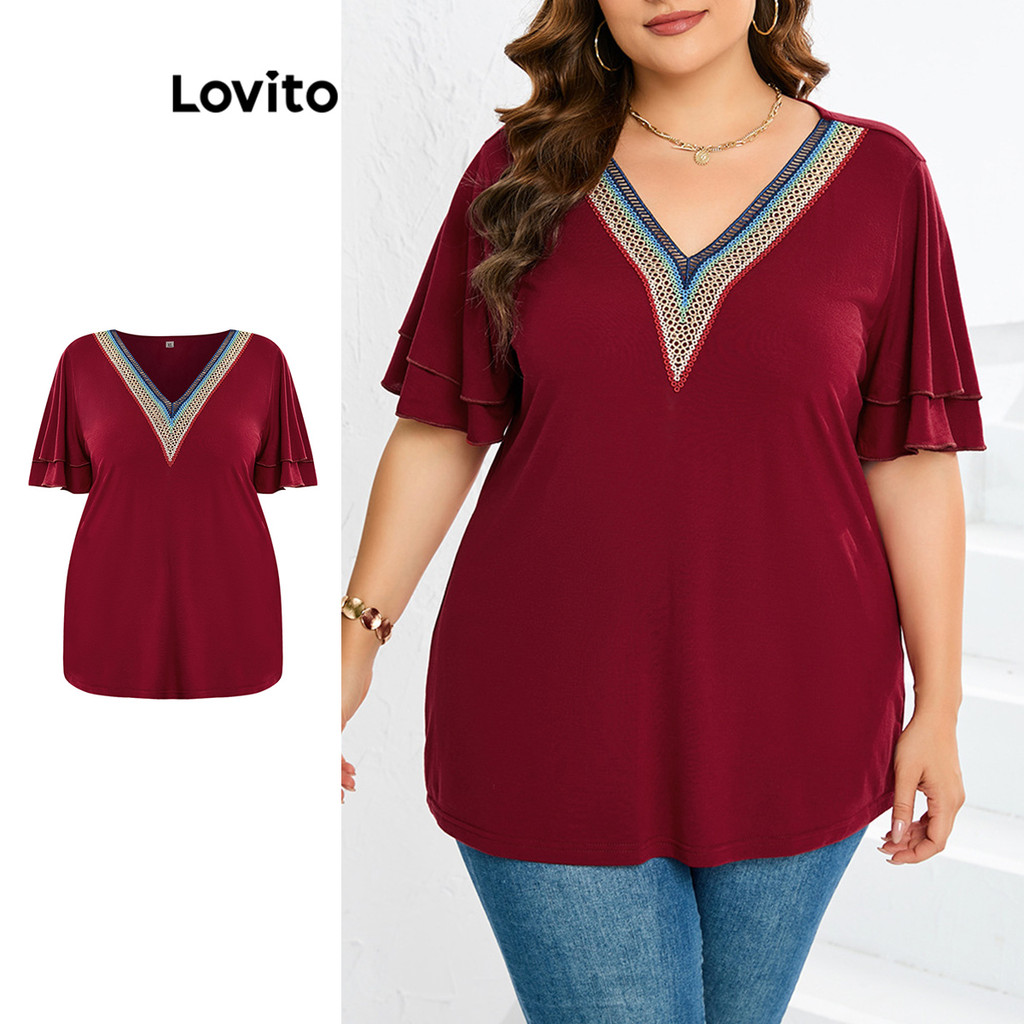 Lovito Camiseta Curva Plus Size Casual Patchwork Gola Contrastante Verão/Primavera Camiseta Feminina LNL38012 - Women Clothes