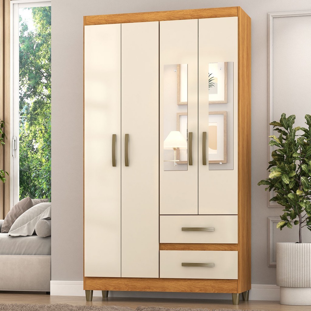Guarda-Roupa Solteiro Illinois 4 Portas 2 Gavetas com Espelho - Pnr Móveis em Oferta na Shopee