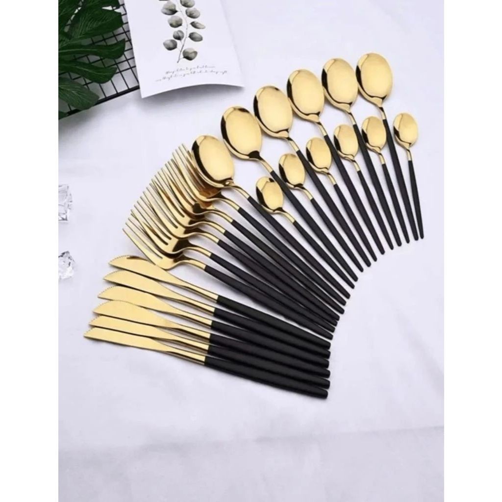 Jogo De Talheres Elegância Dusseldorf 24 Peças Preto e Dourado +_+ ZemMart +_+