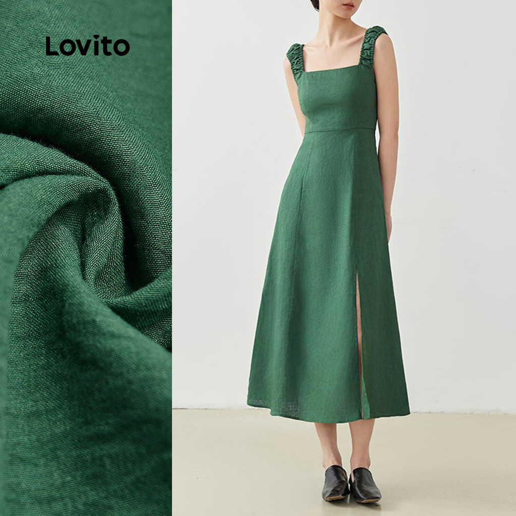 Lovito Vestido Elegante Liso Dividido Na Frente Verão Primavera Verde Para Mulheres LBL25178 - Women Clothes