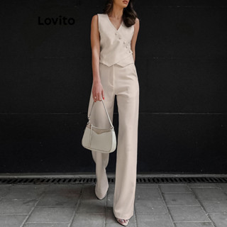 Lovito Conjunto Casual De Tops Ou Calças Assimétricas Frontais Com Botão Liso Para Mulheres LNL35035 (Damasco/Preto) em Oferta na Shopee