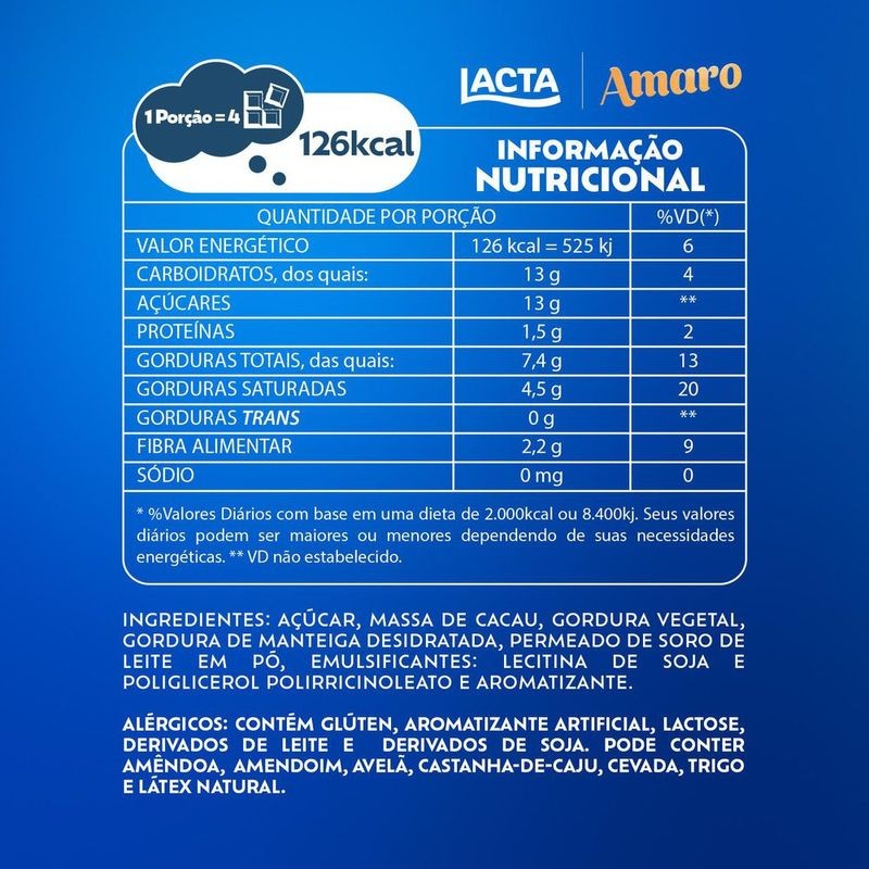 Detalhes do Chocolate Amaro 40% Cacau Lacta 80g
