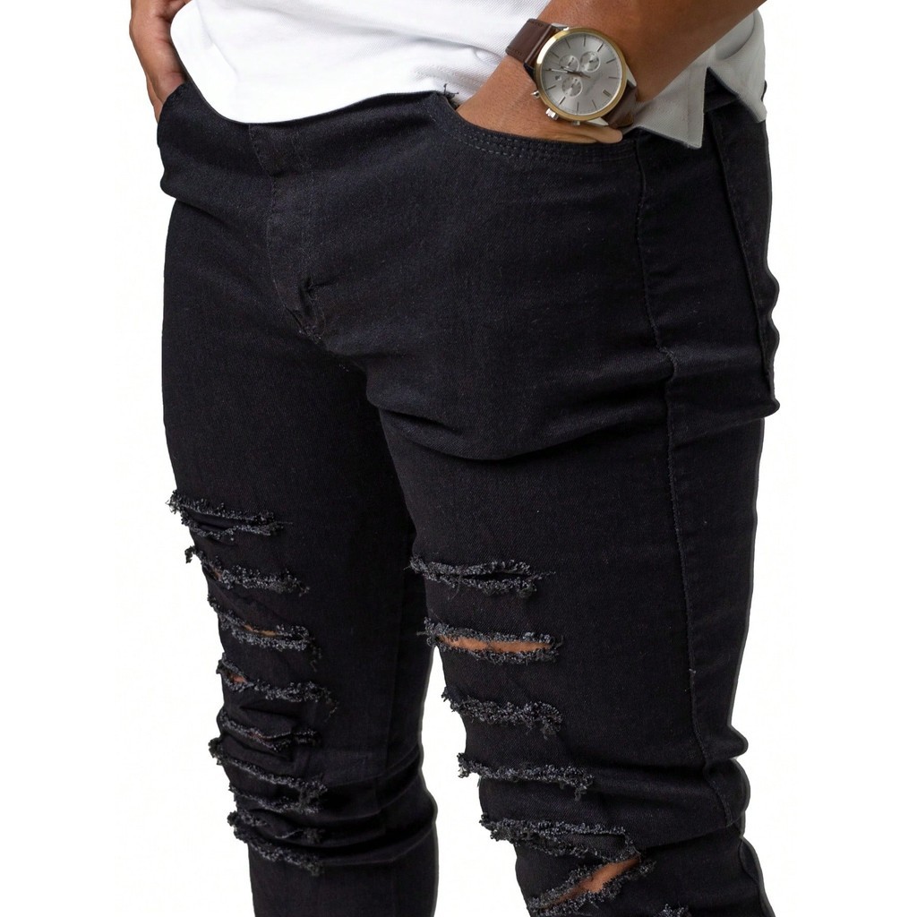 Calca Jeans Destroyed Rasgada Slim Preta Barra Feita com Lycra Elastano Calças Estilosas Moda 2025 Dias dos Pais em Oferta na Shopee